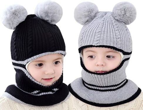 Toddler Winter Hat Baby Balaclava 2 in 1,Fleece Lined Knitted Beanie with Face Mask, Ear Flaps & Pom Pom for Boys Girls in Kuwait
