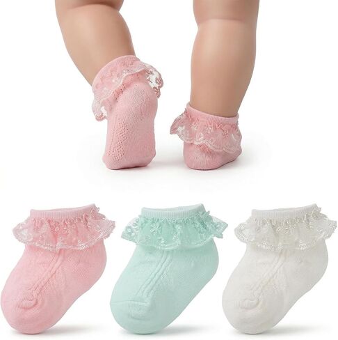 Amaxiu Baby Girls Ruffle Socks, Infant Lace Frilly Socks for Newborn Toddler Soft Cotton Crew Socks with Turn Cuff 0-6 6-12 Months Beige, Pink,Green in Kuwait
