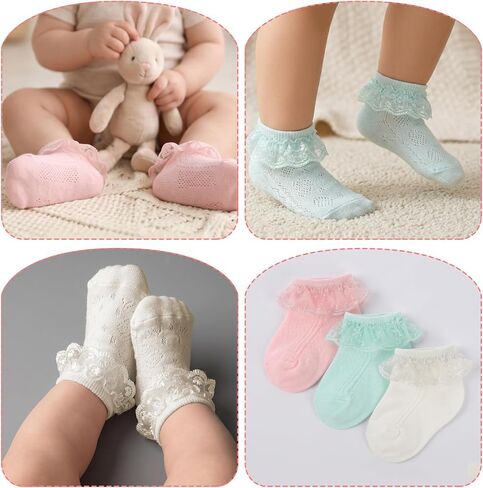 Amaxiu Baby Girls Ruffle Socks, Infant Lace Frilly Socks for Newborn Toddler Soft Cotton Crew Socks with Turn Cuff 0-6 6-12 Months Beige, Pink,Green in Kuwait