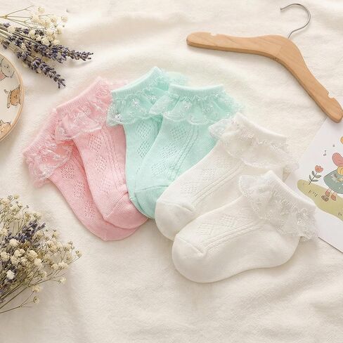 Amaxiu Baby Girls Ruffle Socks, Infant Lace Frilly Socks for Newborn Toddler Soft Cotton Crew Socks with Turn Cuff 0-6 6-12 Months Beige, Pink,Green in Kuwait