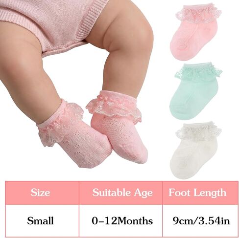 Amaxiu Baby Girls Ruffle Socks, Infant Lace Frilly Socks for Newborn Toddler Soft Cotton Crew Socks with Turn Cuff 0-6 6-12 Months Beige, Pink,Green in Kuwait