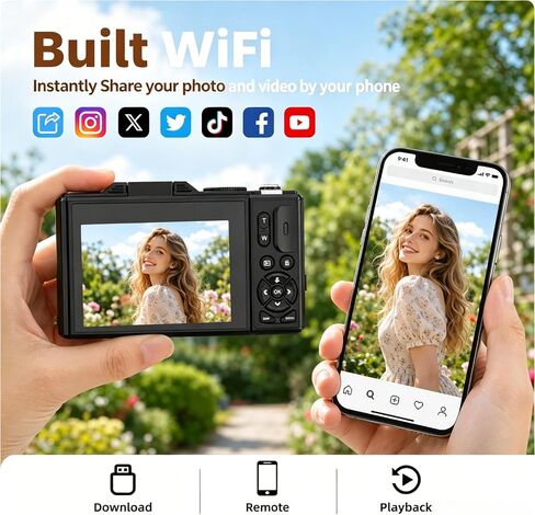 5K Digital Cameras for Photography12X Optical Zoom (No Card) | Macro WiFi Vlogging Camera with Flip Screen,Auto Focus Campact Vlog Camera for Travel Flash 2 Batteries in Saudi Arabia