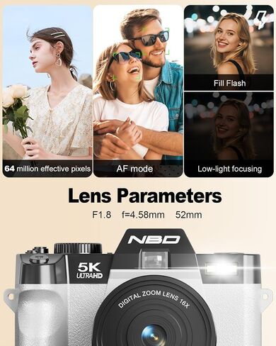 NBD 5K Digital Cameras for Photography - 16X Zoom Travel Camera with 180° Flip Screen, 64MP Vlogging Cameras Fotograficas for YouTube, 2 Batteries & 64GB TF Card,Auto Focus, Macro Lens (White) in Saudi Arabia