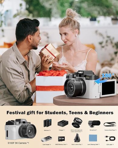 NBD 5K Digital Cameras for Photography - 16X Zoom Travel Camera with 180° Flip Screen, 64MP Vlogging Cameras Fotograficas for YouTube, 2 Batteries & 64GB TF Card,Auto Focus, Macro Lens (White) in Saudi Arabia