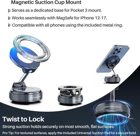 All-in-One Mount Kit for DJI Osmo Pocket 3, Pocket 4 & Phone | Car Windshield Suction & Magnetic Base Combo | Hands-Free Modular Accessories for Dashcam Vlogging Fitness Recording in Kuwait