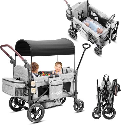 Wagon Stroller for 2 Kids,Premium Wagon for Kids with Removable Canopy, Snack Tray, Convertible Baby Bassinet, 5-Point Safety Harness, All-Terrain PU Wheels & Adjustable Push/Pull Handle,Grey in Saudi Arabia