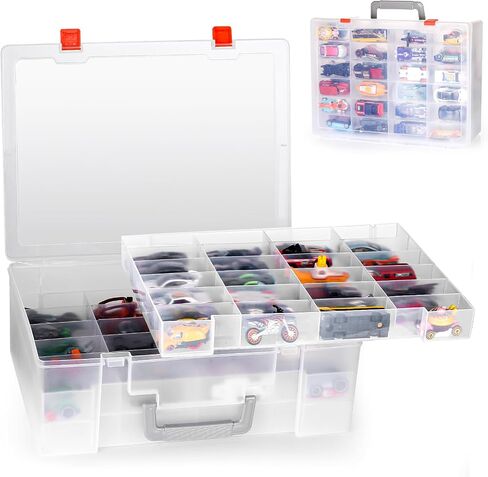 Toy Organizer.72 Compartments.Toy Storage Box Compatible With Hot wheels Cars, Matchbox Cars,Mini Toys and Small Dolls.Toy Storage Display Case With 3 Layers of Removable Trays(Transparent) in Kuwait