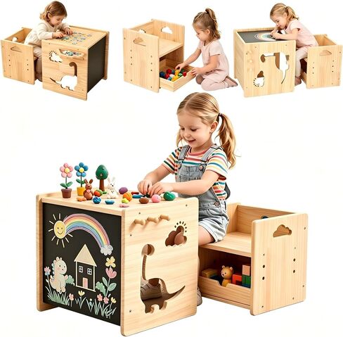 Montessori Weaning Table and Chair Set for Toddlers Age 1-3,with Blackboard | Flip Stool to Adjust Height,Storage Hooks,Puzzle Storage Boards, Natural Wood,CPC Certification,for Dining,Painting,Reading in Kuwait