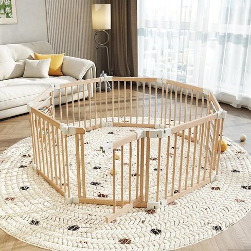 Wooden Baby Playpen, 10-Panel Foldable Play Yard with Built-in Toys | 79 x 54 x 24 in Large Adjustable Baby Fence with Child-Proof Lock, Easy to Assemble & Clean, Play Pen for Babies & Toddlers in Kuwait