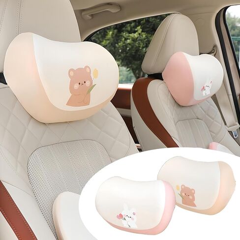 Car Headrest Pillow, Bear & Rabbit, 2PCS | Memory Foam, Neck Support, Auto Headrest Cushion, Comfort and Style in Saudi Arabia