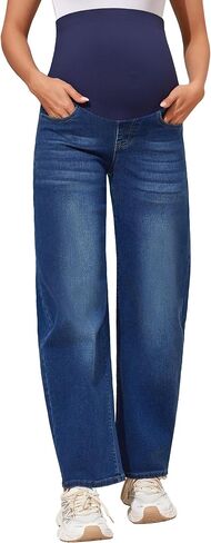 POSHGLAM Maternity Jeans Over Belly Barrel Jeans Wide Leg Pregnancy Denim Pants in Saudi Arabia