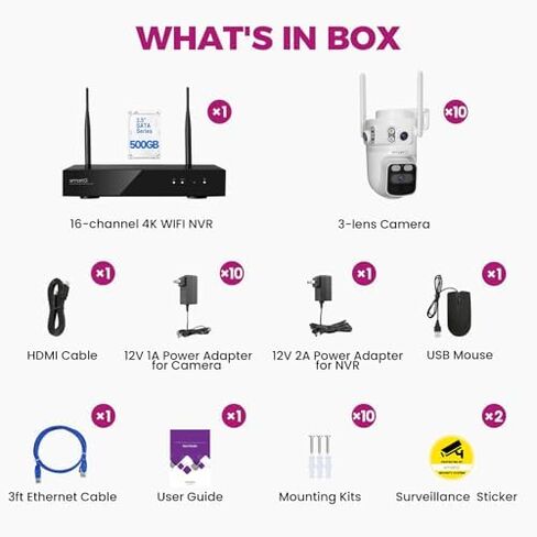 xmartO 16CH 10Pcs 6MP Tri-Lens PTZ Security Camera System, 16CH 4K WiFi 6 Mesh NVR with 500GB NVR, 3-View/Cam, Long Range Wireless, Plug-in 24/7 Home Surveillance, AI Detection, No Monthly Fees in Saudi Arabia