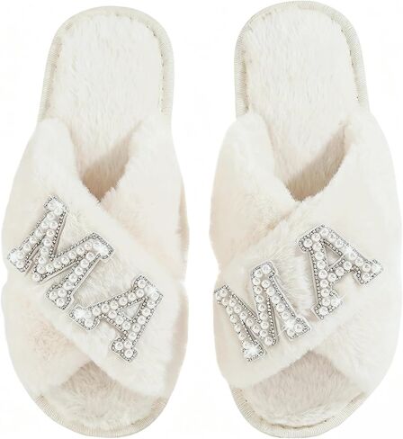 MAMA Slippers for Women Fuzzy Indoor House Slippers with Pearls Gift for New Mom Mothers Day Gift White 9-10 in Saudi Arabia