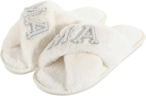 MAMA Slippers for Women Fuzzy Indoor House Slippers with Pearls Gift for New Mom Mothers Day Gift White 9-10 in Saudi Arabia