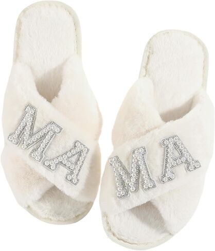 MAMA Slippers for Women Fuzzy Indoor House Slippers with Pearls Gift for New Mom Mothers Day Gift White 9-10 in Saudi Arabia
