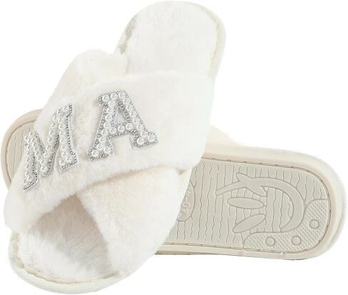 MAMA Slippers for Women Fuzzy Indoor House Slippers with Pearls Gift for New Mom Mothers Day Gift White 9-10 in Saudi Arabia