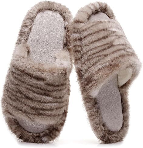 FAYUEKEY Women's Animal Print Fuzzy Slippers, Memory Foam House Slippers | Non-Slip Indoor Outdoor in Saudi Arabia