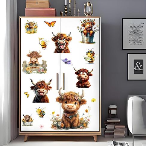 Funny Highland Cow Wall Sticker-Removable Highland Cow Decal Peel and Stick for Kids Baby Bedroom Nursery Playroom Bathroom Living Room Wall Decor(Cow&Flowers) in Saudi Arabia
