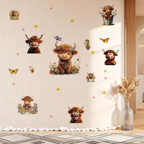 Funny Highland Cow Wall Sticker-Removable Highland Cow Decal Peel and Stick for Kids Baby Bedroom Nursery Playroom Bathroom Living Room Wall Decor(Cow&Flowers) in Saudi Arabia