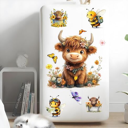 Funny Highland Cow Wall Sticker-Removable Highland Cow Decal Peel and Stick for Kids Baby Bedroom Nursery Playroom Bathroom Living Room Wall Decor(Cow&Flowers) in Saudi Arabia