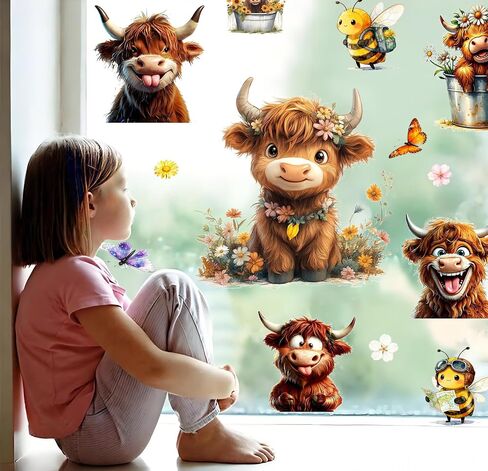 Funny Highland Cow Wall Sticker-Removable Highland Cow Decal Peel and Stick for Kids Baby Bedroom Nursery Playroom Bathroom Living Room Wall Decor(Cow&Flowers) in Saudi Arabia