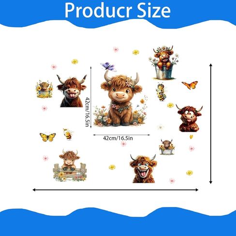 Funny Highland Cow Wall Sticker-Removable Highland Cow Decal Peel and Stick for Kids Baby Bedroom Nursery Playroom Bathroom Living Room Wall Decor(Cow&Flowers) in Saudi Arabia