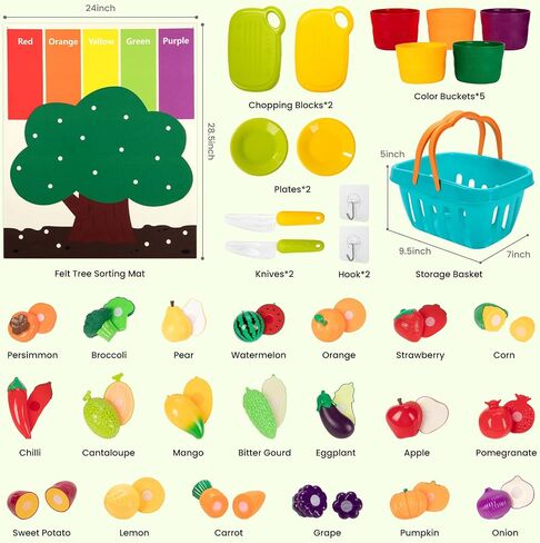 Play Food Set for Kids with Color Sorting Buckets &Felt Tree Mat | Pretend Food Play Kitchen Accessories with Cutting Fruit and Veggie Toy, Preschool Activities Gift for 3-8 Boys Girls in Kuwait