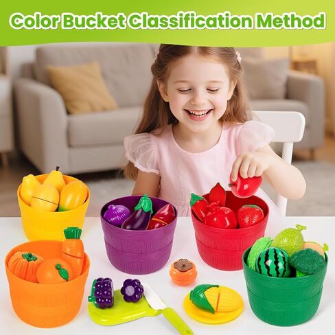 Play Food Set for Kids with Color Sorting Buckets &Felt Tree Mat | Pretend Food Play Kitchen Accessories with Cutting Fruit and Veggie Toy, Preschool Activities Gift for 3-8 Boys Girls in Kuwait