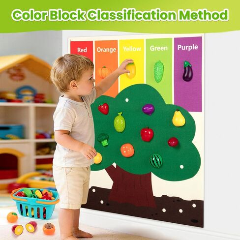 Play Food Set for Kids with Color Sorting Buckets &Felt Tree Mat | Pretend Food Play Kitchen Accessories with Cutting Fruit and Veggie Toy, Preschool Activities Gift for 3-8 Boys Girls in Kuwait