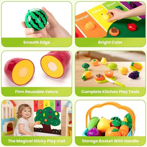 Play Food Set for Kids with Color Sorting Buckets &Felt Tree Mat | Pretend Food Play Kitchen Accessories with Cutting Fruit and Veggie Toy, Preschool Activities Gift for 3-8 Boys Girls in Kuwait