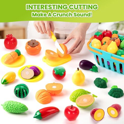 Play Food Set for Kids with Color Sorting Buckets &Felt Tree Mat | Pretend Food Play Kitchen Accessories with Cutting Fruit and Veggie Toy, Preschool Activities Gift for 3-8 Boys Girls in Kuwait