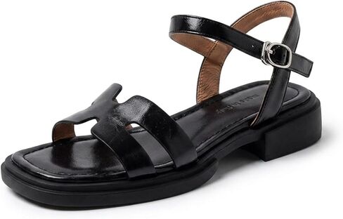 Women's French Style Square Toe Sandals Cutout Design Flat Shoes Ankle Strap Low Block Heel Summer Casual Walking Sandals in Kuwait