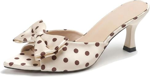 Polka Dot Bow Kitten Heel Mules Open Toe Slip On Sandals for Women | Elegant satin dress style for wedding party casual daily wear backless mule design with easy on off fit in Kuwait