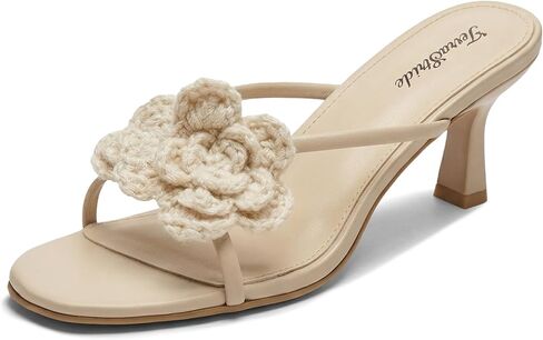 TerraStride Women's Nude Kitten Heels - Crochet Camellia Open Toe Slip-On Mules Low Heel Party Casual Sandals in Kuwait