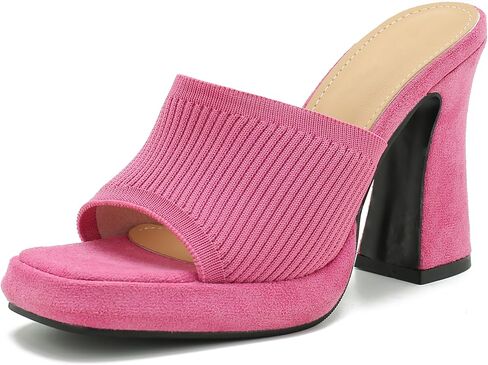 Women's Knit Platform Mule Sandals, Square Toe, Block Heel Slip-On Slides, Chunky High Heel Summer Shoes in Saudi Arabia