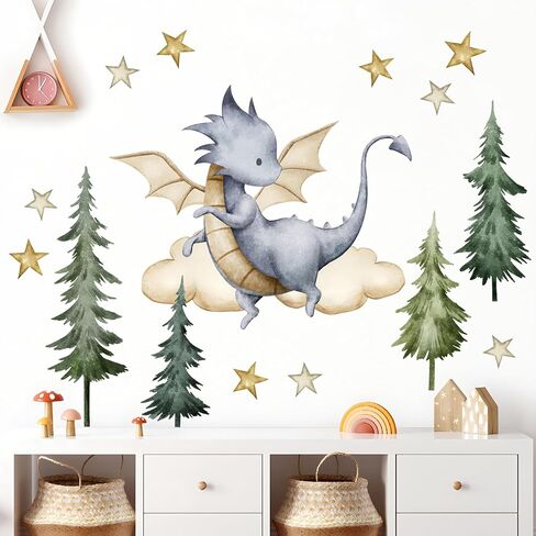 Removable 3D Dragon Wall Decals DIY Peel and Stick Tree Star Wall Stickers Watercolor Dinosaur Cloud Mural Art Decals for Kids Bedroom Living Room Wall Decor (A) in Saudi Arabia