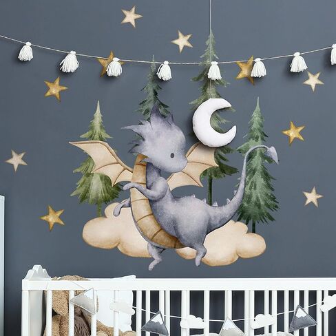 Removable 3D Dragon Wall Decals DIY Peel and Stick Tree Star Wall Stickers Watercolor Dinosaur Cloud Mural Art Decals for Kids Bedroom Living Room Wall Decor (A) in Saudi Arabia