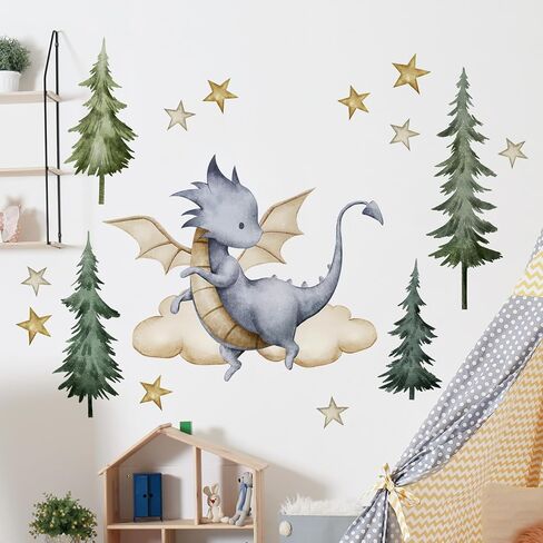 Removable 3D Dragon Wall Decals DIY Peel and Stick Tree Star Wall Stickers Watercolor Dinosaur Cloud Mural Art Decals for Kids Bedroom Living Room Wall Decor (A) in Saudi Arabia