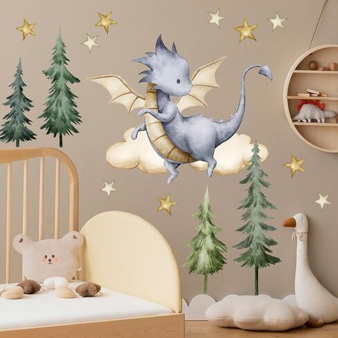 Removable 3D Dragon Wall Decals DIY Peel and Stick Tree Star Wall Stickers Watercolor Dinosaur Cloud Mural Art Decals for Kids Bedroom Living Room Wall Decor (A) in Saudi Arabia