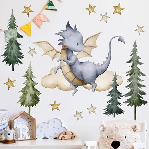 Removable 3D Dragon Wall Decals DIY Peel and Stick Tree Star Wall Stickers Watercolor Dinosaur Cloud Mural Art Decals for Kids Bedroom Living Room Wall Decor (A) in Saudi Arabia