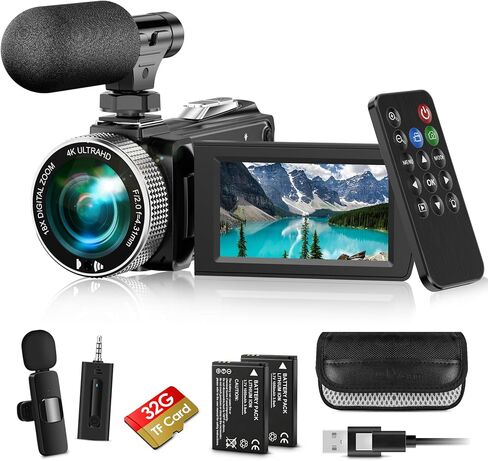 4K Video Camera Camcorder Mini Mic 48MP 60FPS UHD Vlogging Cameras for YouTube 18X Digital Zoom 3.0''IPS Screen Camera with 32GB Card, Wireless Lavalier Microphone, Remote, 2 Batteries in Kuwait