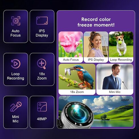 4K Video Camera Camcorder Mini Mic 48MP 60FPS UHD Vlogging Cameras for YouTube 18X Digital Zoom 3.0''IPS Screen Camera with 32GB Card, Wireless Lavalier Microphone, Remote, 2 Batteries in Kuwait