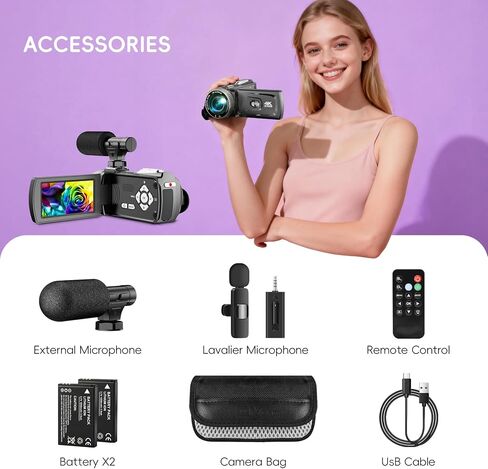 4K Video Camera Camcorder Mini Mic 48MP 60FPS UHD Vlogging Cameras for YouTube 18X Digital Zoom 3.0''IPS Screen Camera with 32GB Card, Wireless Lavalier Microphone, Remote, 2 Batteries in Kuwait