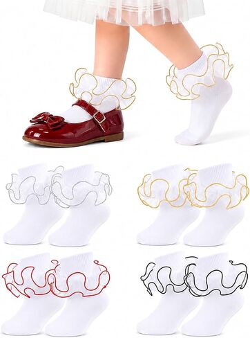 4 Pairs Girls Ruffle Socks Colored Trim Toddler Double Lace Frilly Dress Turn Cuff Cotton Socks for Kids 1-10 Years in Kuwait