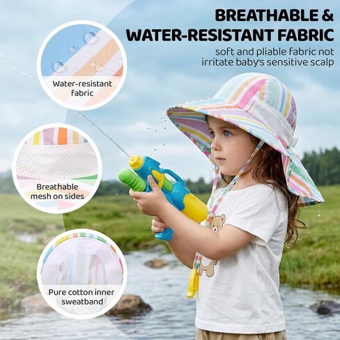 Baby Sun Hat with Neck Flap UPF 50+ for Toddler Sun Protection Beach Hat | Adjustable,Sun Protection,Lightweight,Quick-drying,Breathable,Skin-friendly,3 sizes,Block UVA/UVB,Water Resistant,Windproof in Kuwait