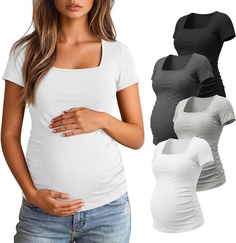 4 Pack Women's Maternity Shirts Cotton Square Neck Pregnancy Tops Side Ruched Summer Short Sleeve Tees Multipack in Saudi Arabia