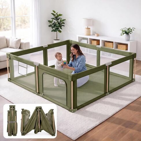 Foldable Baby Playpen with Mat, Foldable Baby Fence Play Yards for Babies and Toddlers, Play Pen with Breathable Mesh and Anti-Fall Pads Green (71"×59") in Kuwait