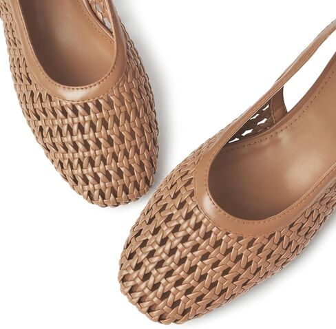 Brown Slingback Flats Woven Slingback Flats Womens Square Toe Flats | Closed Toe,Low Chunky Heels,Braided Flats,Woven Sandals,Comfortable,Casual,Breathable in Saudi Arabia