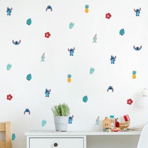 Disney Stitch Peel & Stick Wall Decals - 62 Tropical Stickers with Stitch, Scrump, Hibiscus & Pineapple for Boys Bedroom, Nursery & Playroom - Removable Wall Decor in Saudi Arabia