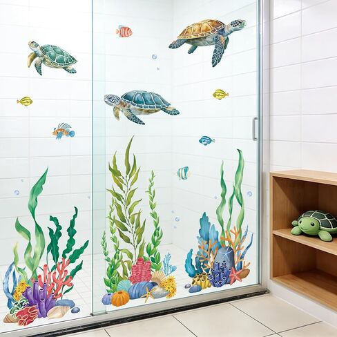 SHUCHING Under the Sea Turtle Wall Decal for Bathroom, Ocean Wall Sticker | Seaweed Grass Wall Decor for Nursery Kids Bedroom Playroom in Saudi Arabia